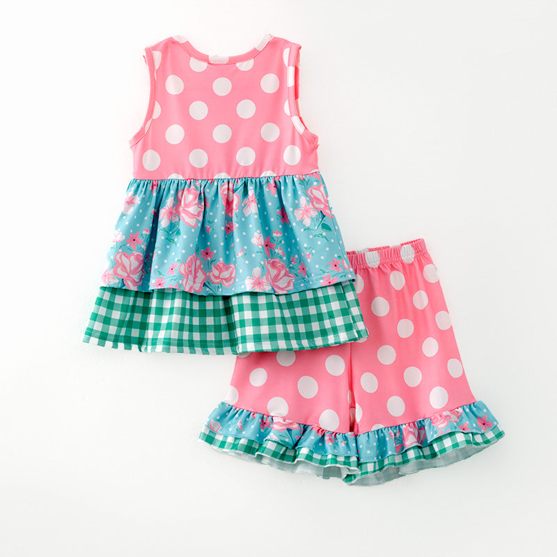 （In Stock）Girls Spring and Summer Pink Dot Print Outfit Set