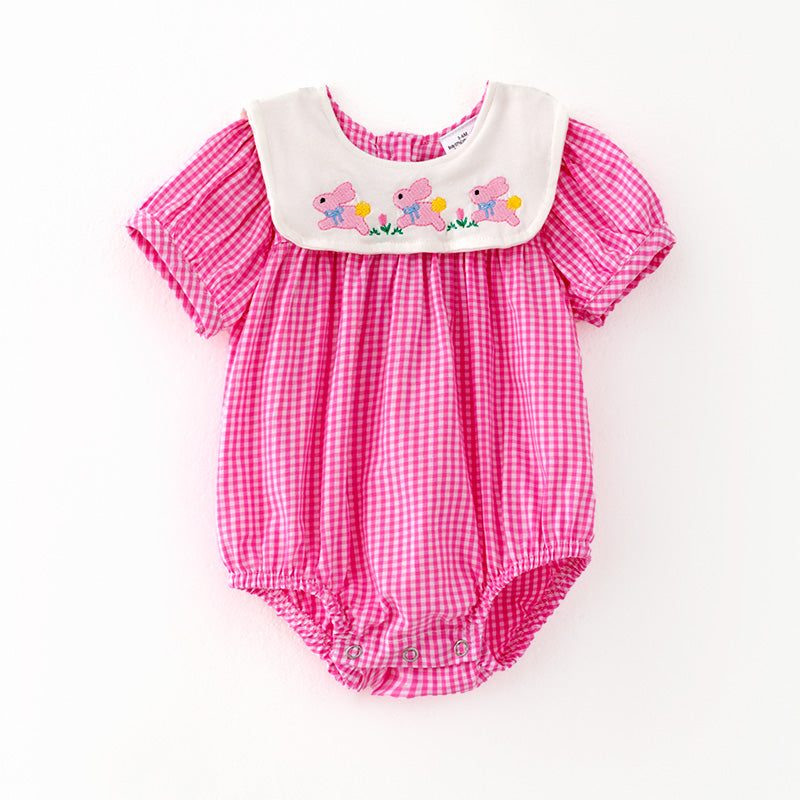 （In Stock）Toddler Girls Easter Bunny Embroidery Pink Plaid Cotton Romper