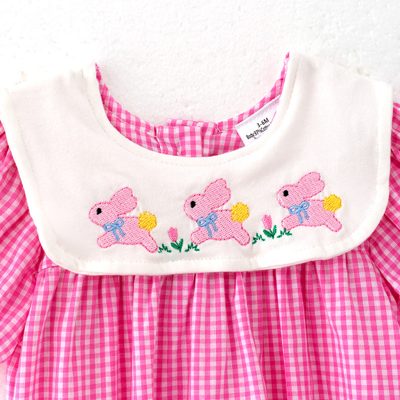 （In Stock）Toddler Girls Easter Bunny Embroidery Pink Plaid Cotton Romper