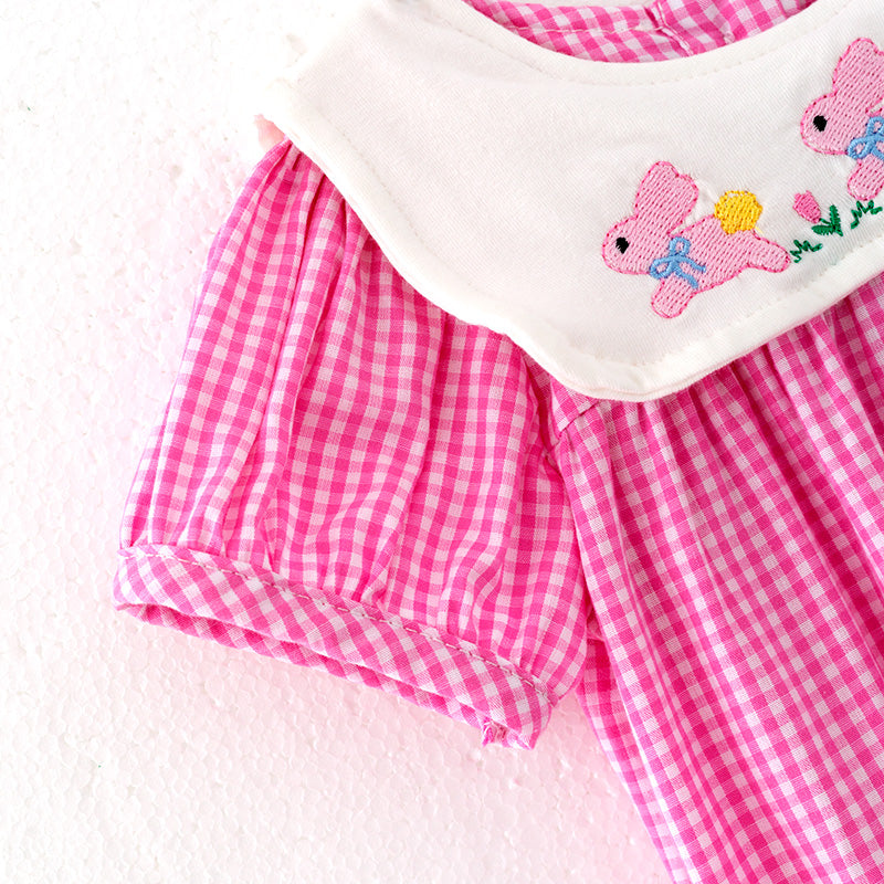 （In Stock）Toddler Girls Easter Bunny Embroidery Pink Plaid Cotton Romper