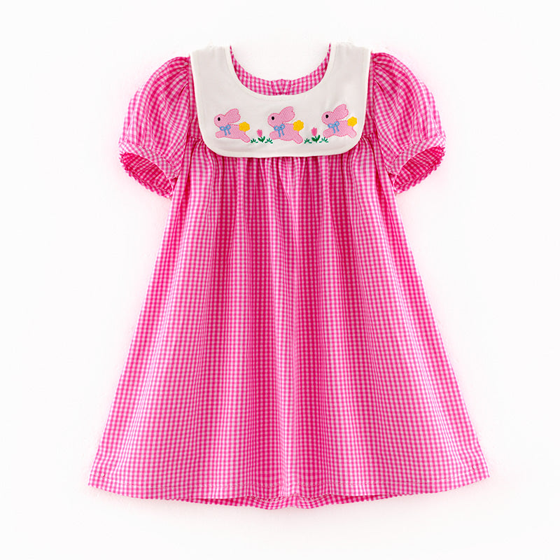 （In Stock）Girls Easter Bunny Embroidery Pink Plaid Cotton Dress