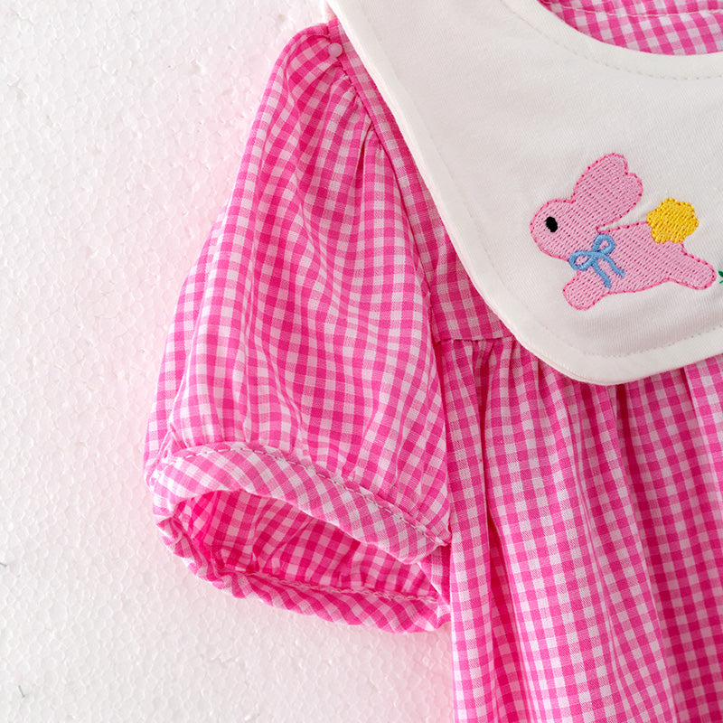 （In Stock）Girls Easter Bunny Embroidery Pink Plaid Cotton Dress