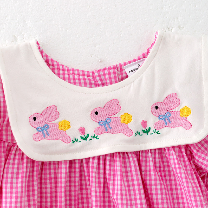 （In Stock）Girls Easter Bunny Embroidery Pink Plaid Cotton Dress