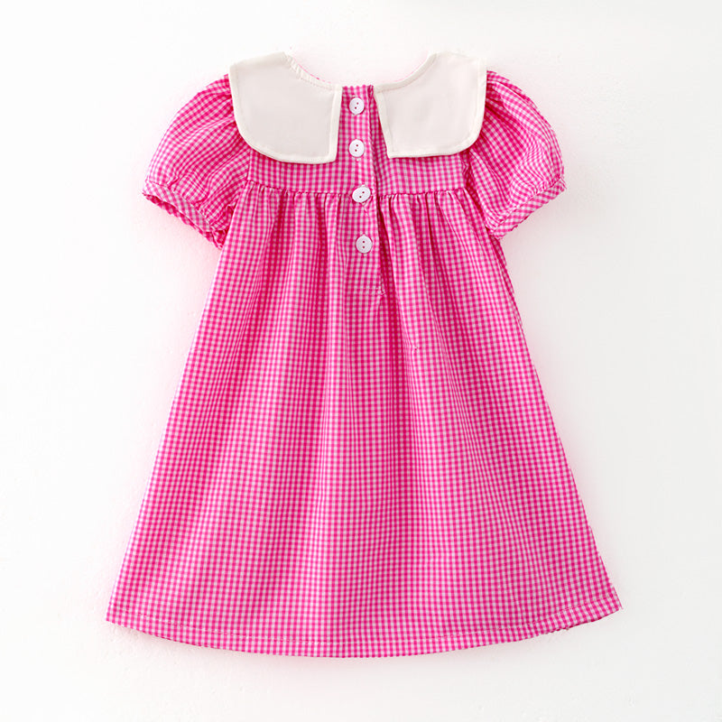 （In Stock）Girls Easter Bunny Embroidery Pink Plaid Cotton Dress