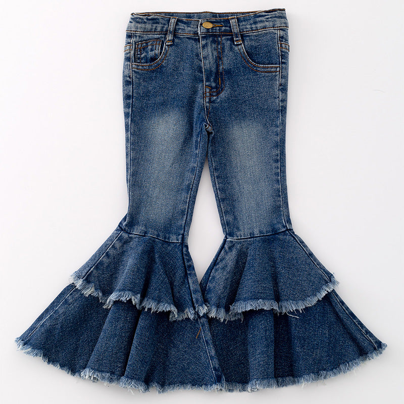 (In Stock G29-1-2)Girls Blue Ruffles Flared Jeans