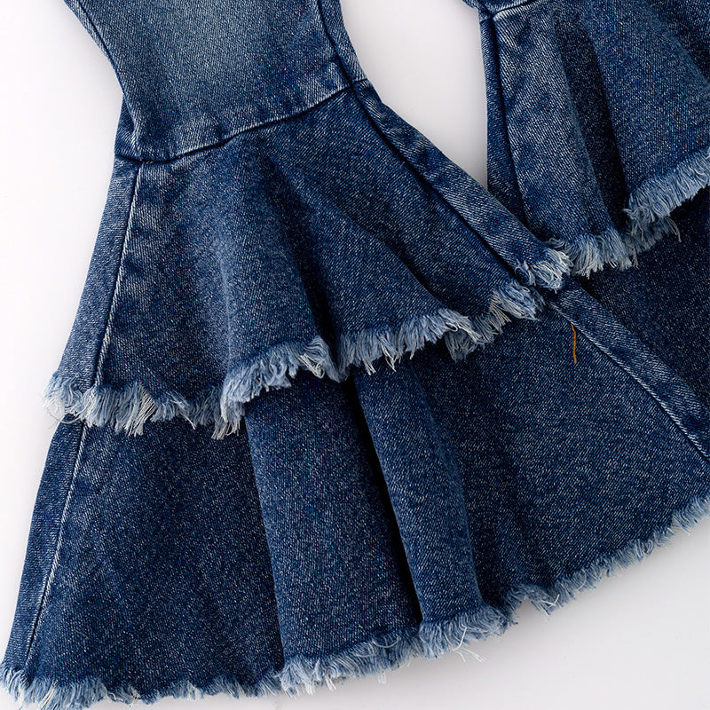 (In Stock G29-1-2)Girls Blue Ruffles Flared Jeans