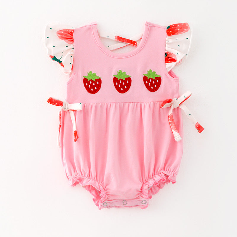 （In Stock）One Pack(4 Pieces total) Sale Toddler Girls Spring and Summer Strawberry Embroidery Romper