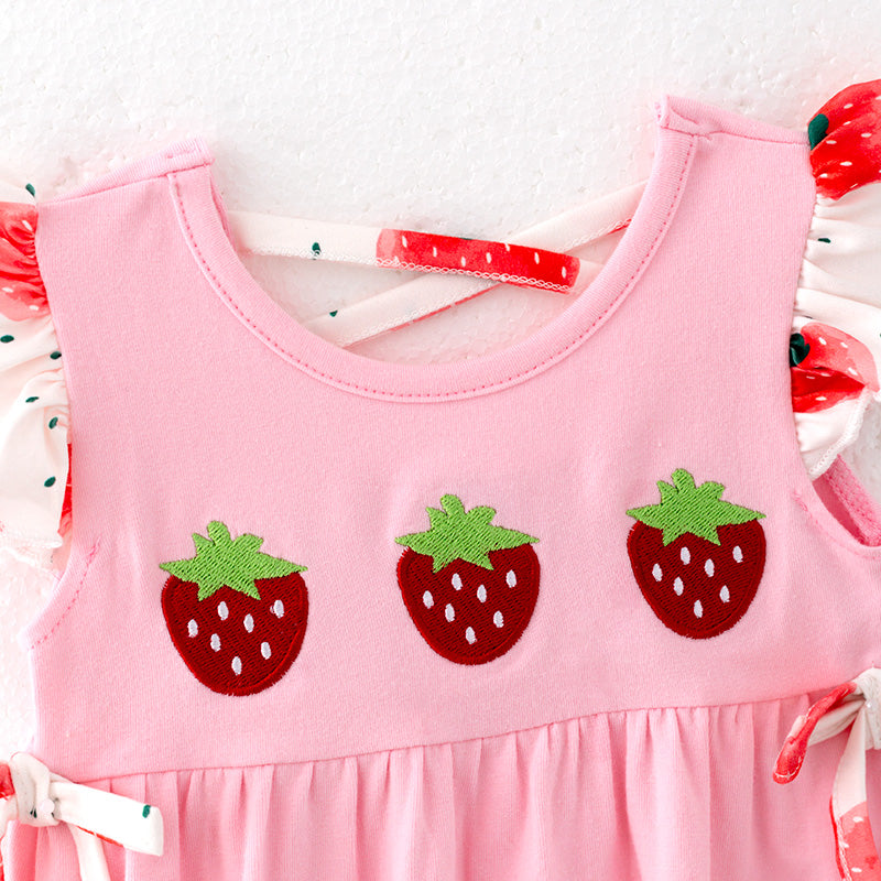 （In Stock）One Pack(4 Pieces total) Sale Toddler Girls Spring and Summer Strawberry Embroidery Romper