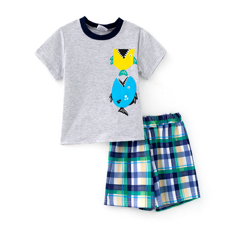 （In Stock）Boys Spring and Summer Shark Print Shorts Set