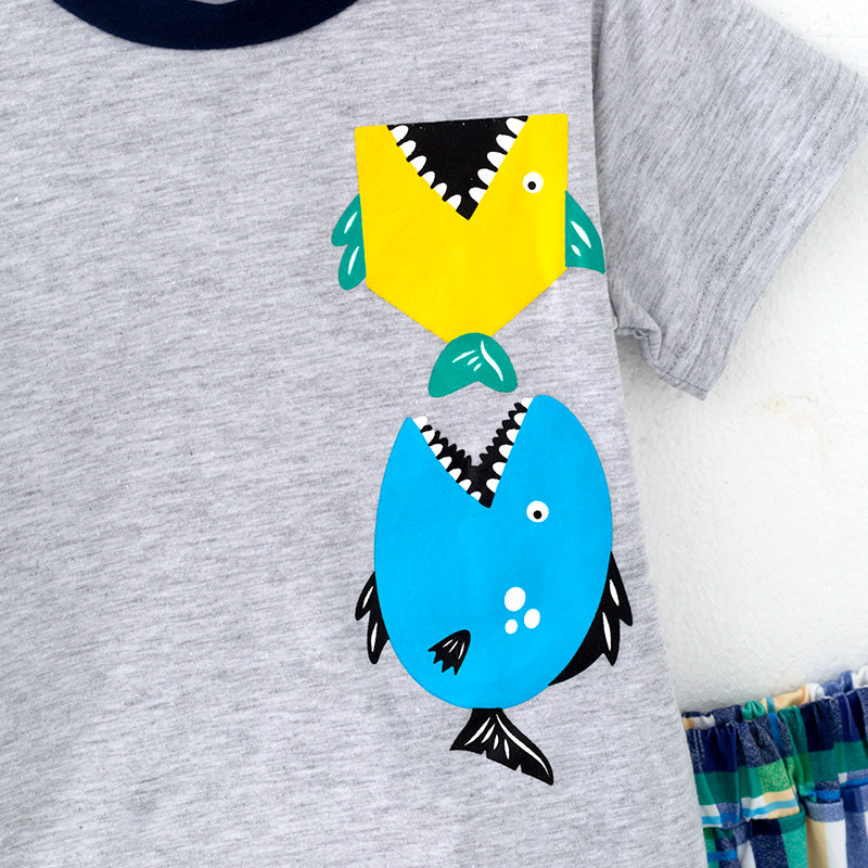 （In Stock）Boys Spring and Summer Shark Print Shorts Set