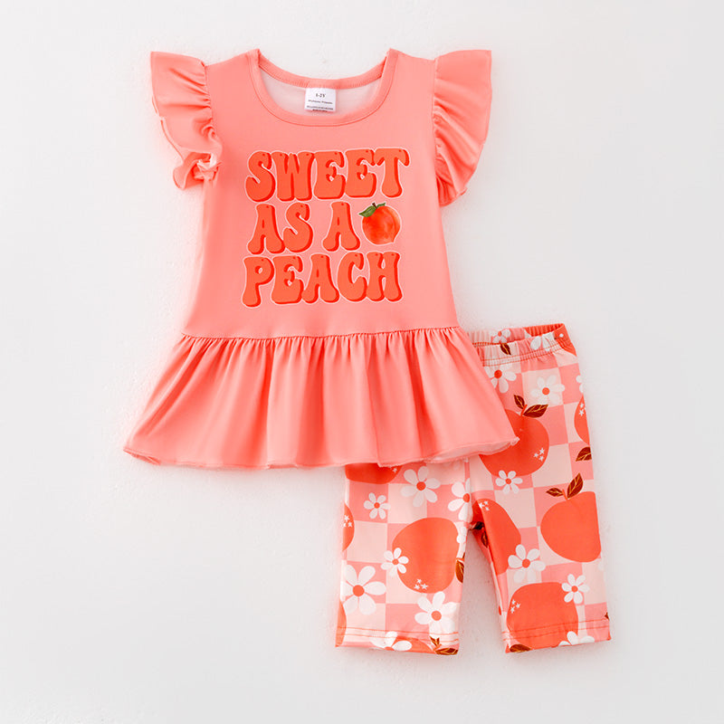 （In Stock）Girls Spring and Summer Peach Print Outfit Set