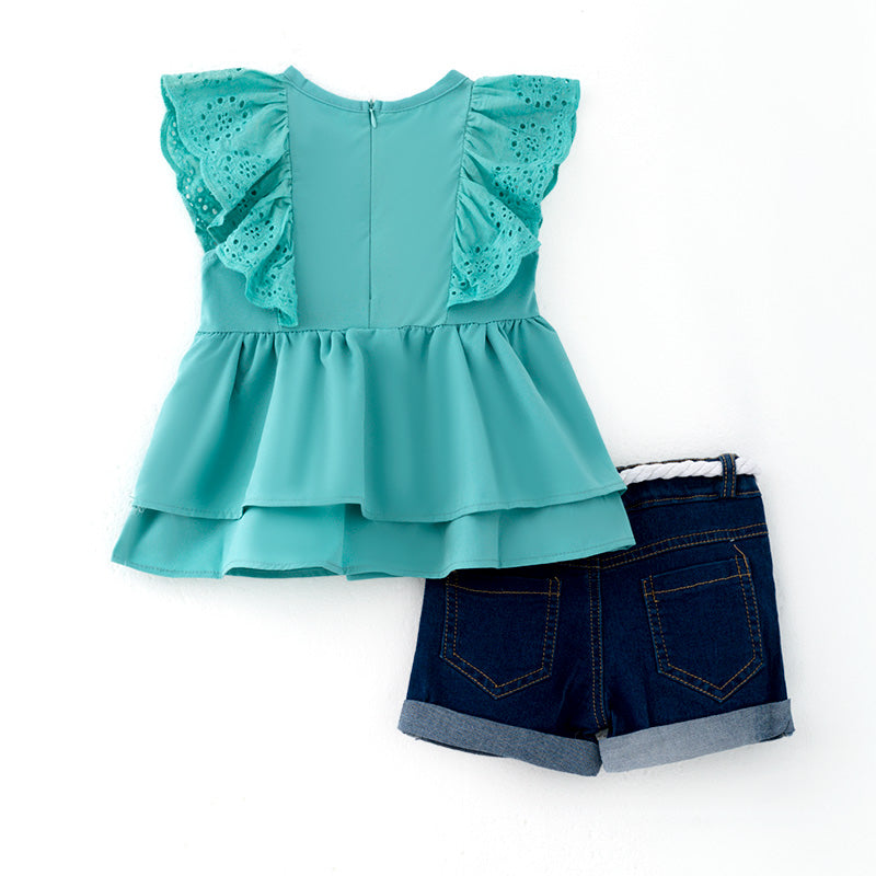 （In Stock）Girls Spring and Summer Turquoise Smocked Top Denim Shorts Set