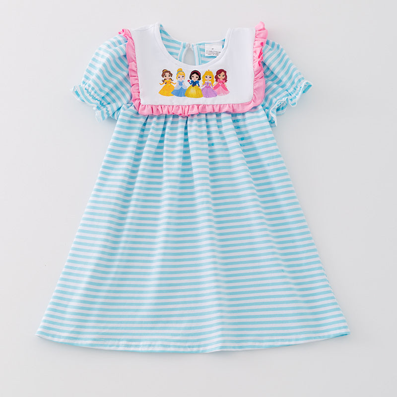 (In Stock A5-5-2)Girls Printed Princess Blue Stripe Dress