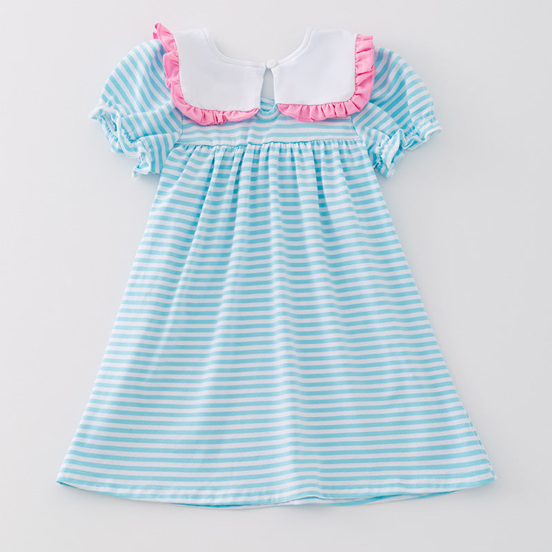 (In Stock A5-5-2)Girls Printed Princess Blue Stripe Dress