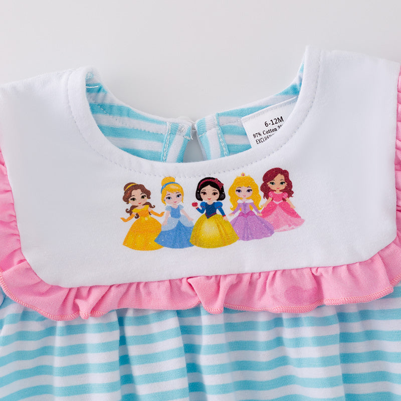 (In Stock A4-6-1)Baby Girls Printed Princess Blue Stripe Romper