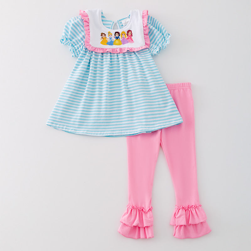 (In Stock A5-5-3)Girls Printed Princess Blue Stripe Outfit Set