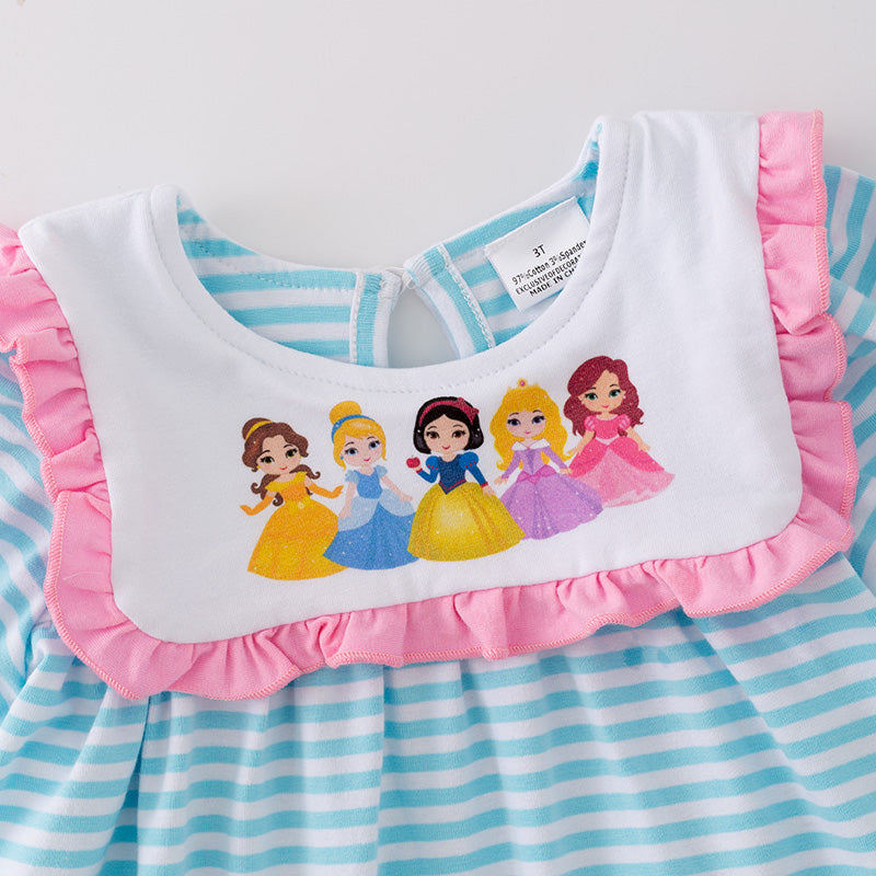 (In Stock A5-5-3)Girls Printed Princess Blue Stripe Outfit Set