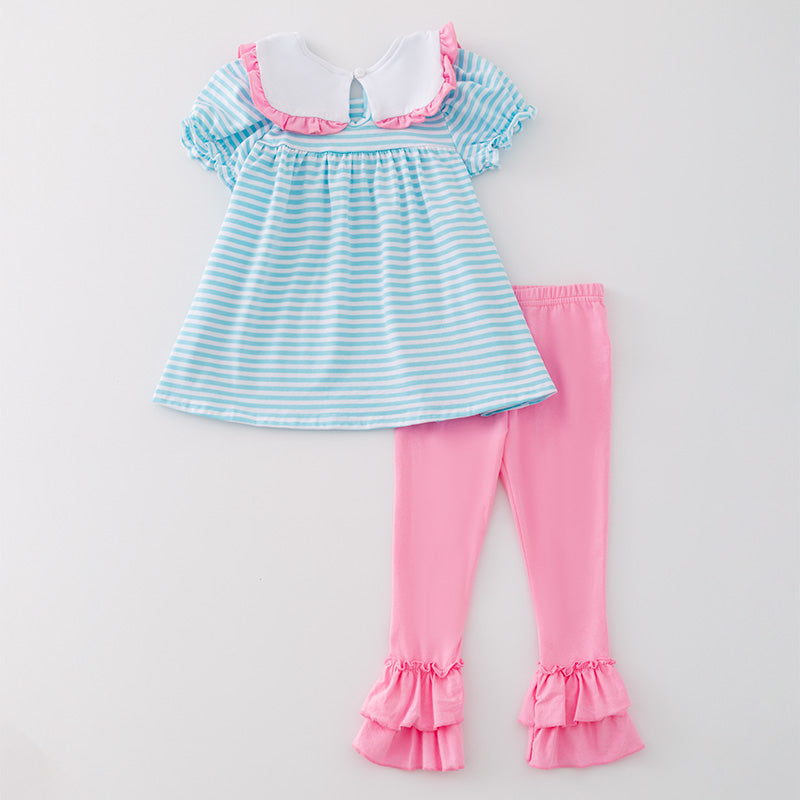 (In Stock A5-5-3)Girls Printed Princess Blue Stripe Outfit Set