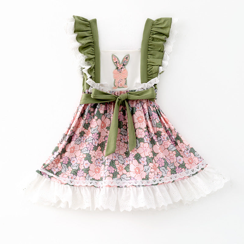 （In Stock）Girls Easter Bunny Applique Floral Print Dress