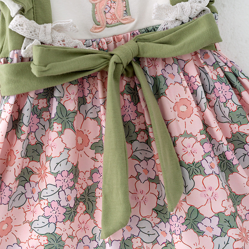 （In Stock）Girls Easter Bunny Applique Floral Print Dress