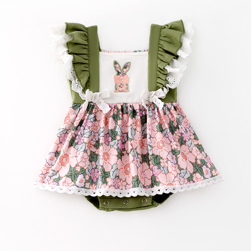 （In Stock）Toddler Girls Easter Bunny Applique Floral Print Romper