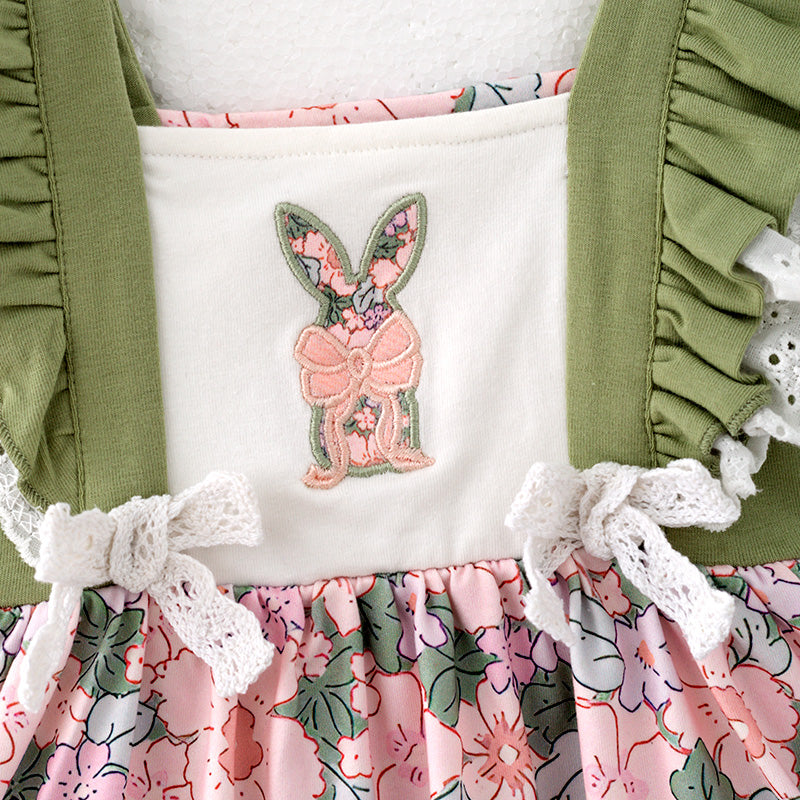 （In Stock）Toddler Girls Easter Bunny Applique Floral Print Romper