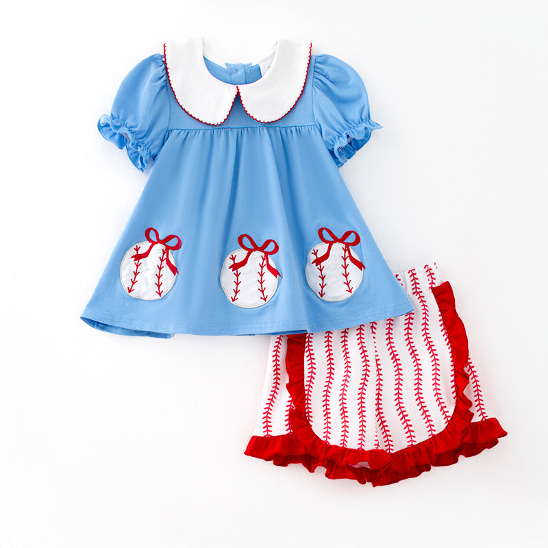 （In Stock）Girls Spring and Summer Baseball Applique Outfit Set