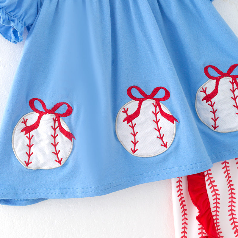 （In Stock）Girls Spring and Summer Baseball Applique Outfit Set