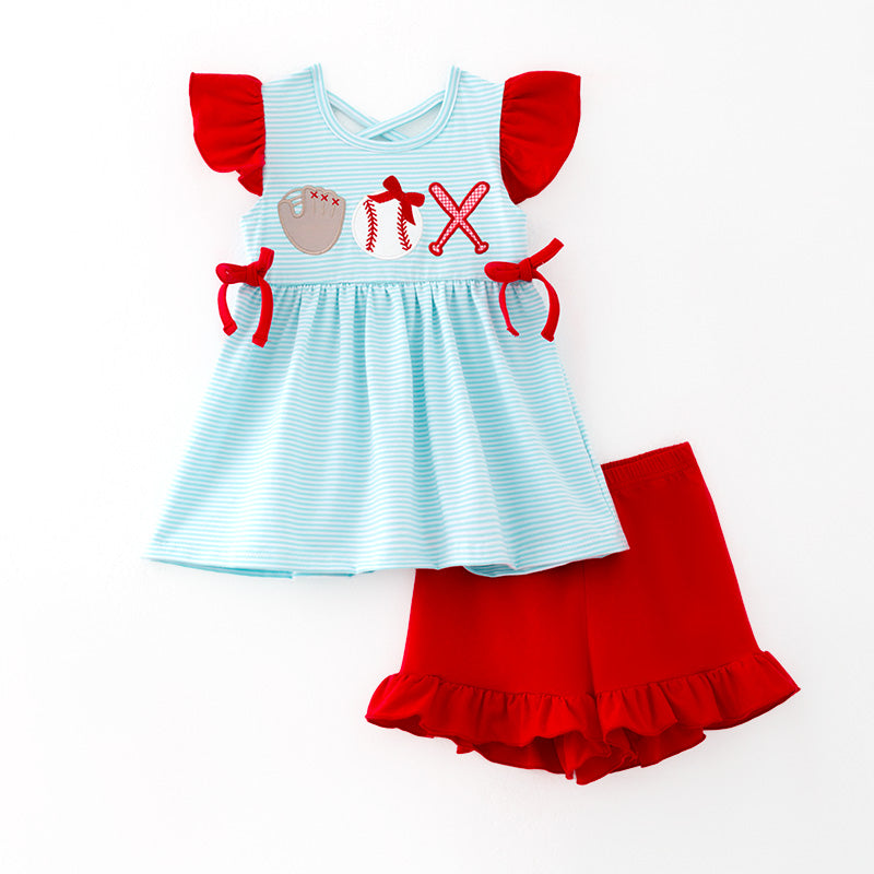 （In Stock）Girls Spring and Summer Baseball Applique Outfit Set