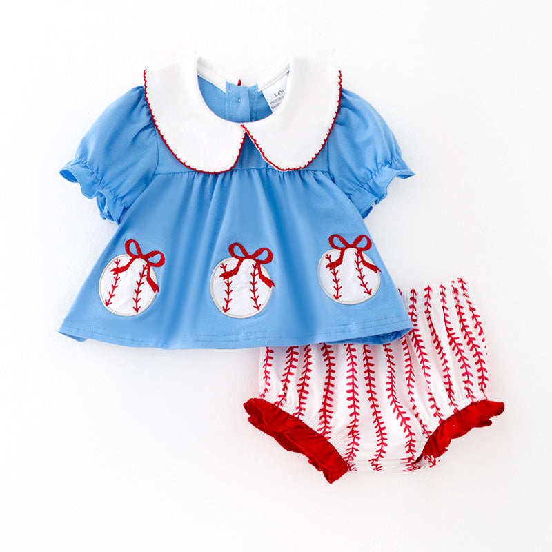 （In Stock）Toddler Girls Spring and Summer Baseball Applique Bloomer Set