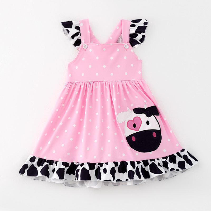 （In Stock）Girls Spring and Summer Cow Applique Dress