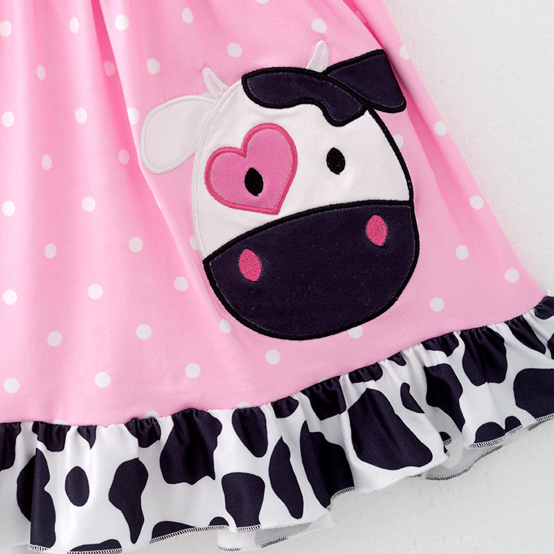 （In Stock）Girls Spring and Summer Cow Applique Dress