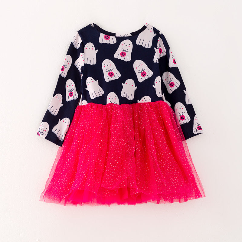 (In Stock G11-5-2)Girls Halloween Print Pink Tulle Dress