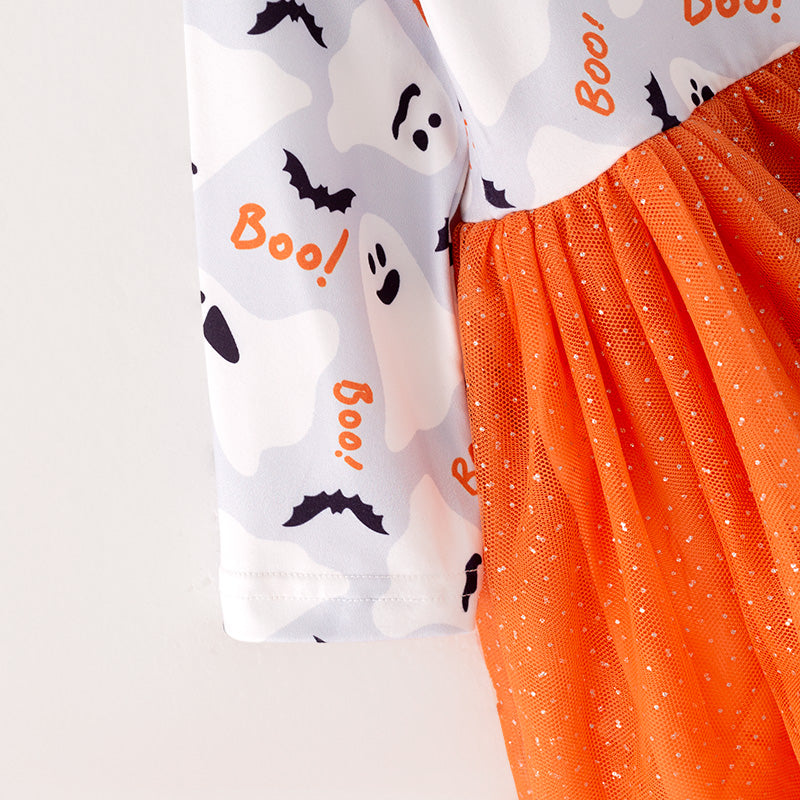 (In Stock G11-5-1)Girls Halloween Print Orange Tulle Dress