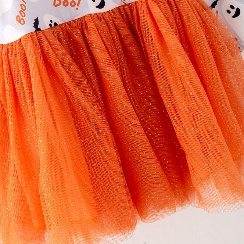 (In Stock G11-5-1)Girls Halloween Print Orange Tulle Dress