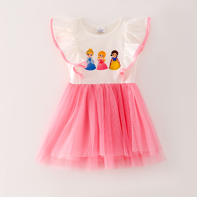 (In Stock A5-5-1)Girls Stylish Printed Princess Pink Tulle Dress