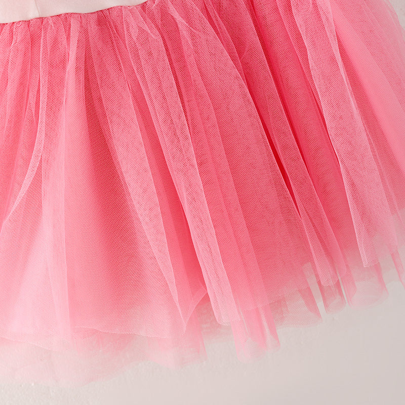 (In Stock A5-5-1)Girls Stylish Printed Princess Pink Tulle Dress