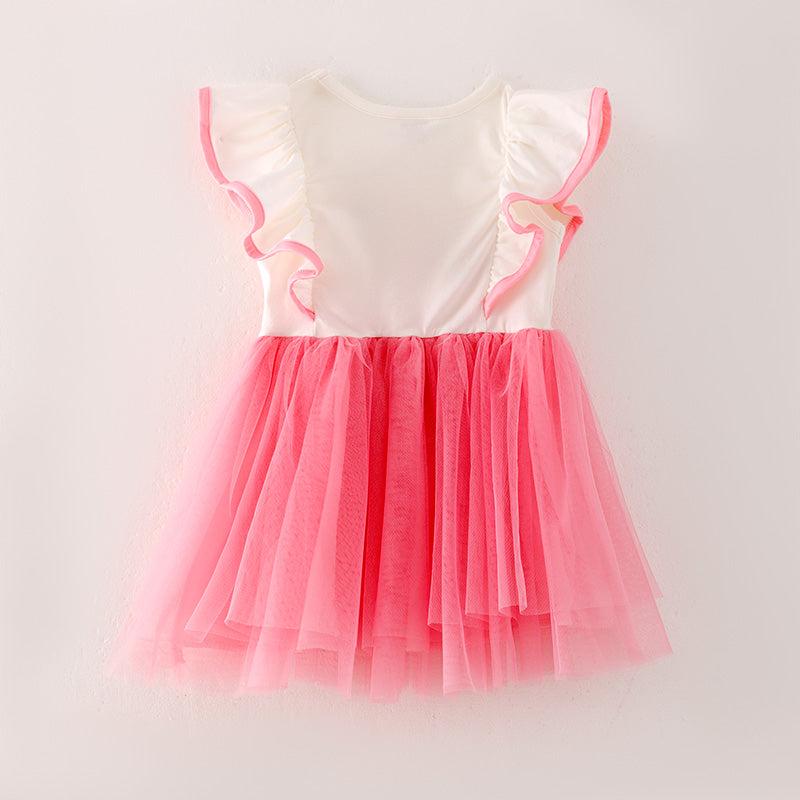 (In Stock A5-5-1)Girls Stylish Printed Princess Pink Tulle Dress