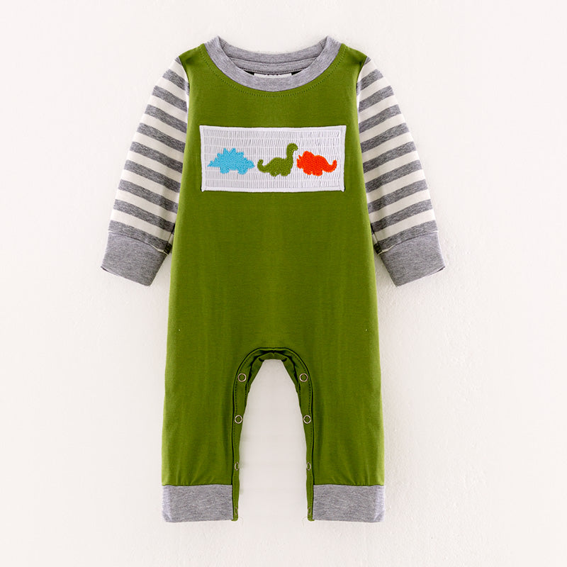 （In Stock L35-1-3）Baby Boys Green Dinosaur Embroidery Romper