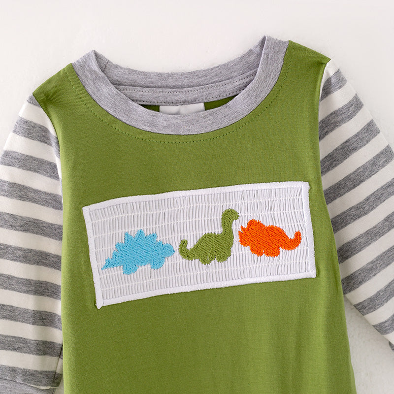 （In Stock L35-1-3）Baby Boys Green Dinosaur Embroidery Romper