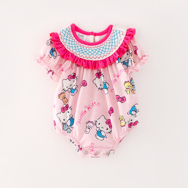 (In Stock A5-2-3)Baby Girls Cartoon Print  Puff Sleeve Smocked Romper