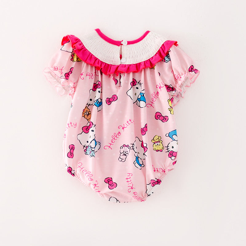 (In Stock A5-2-3)Baby Girls Cartoon Print  Puff Sleeve Smocked Romper