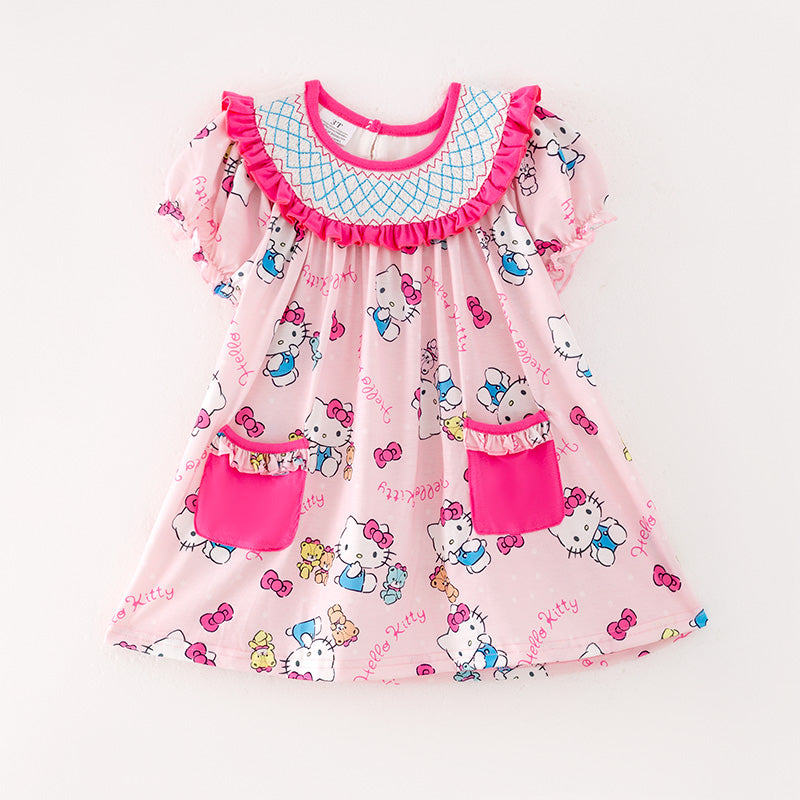 (In Stock A5-4-2)Girls Cartoon Print Puff Sleeve Smocked Dress