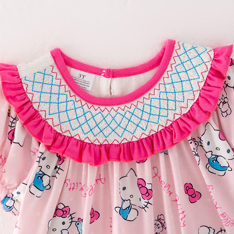 (In Stock A5-4-2)Girls Cartoon Print Puff Sleeve Smocked Dress