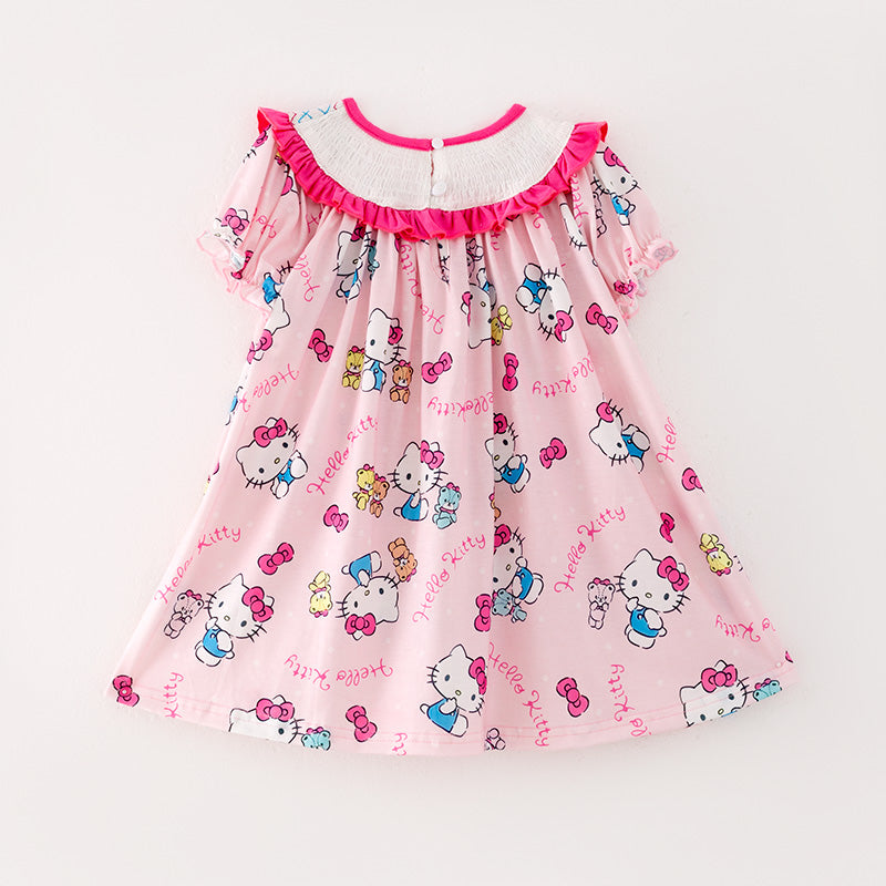 (In Stock A5-4-2)Girls Cartoon Print Puff Sleeve Smocked Dress