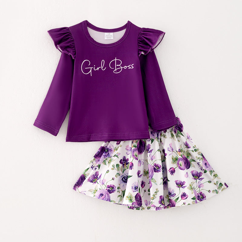 （In Stock L18-4-3）Girls Purple Top Floral Print Skirt Set