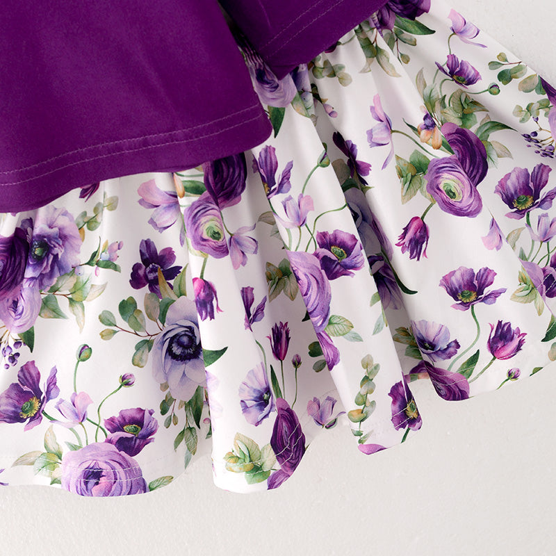 （In Stock L18-4-3）Girls Purple Top Floral Print Skirt Set