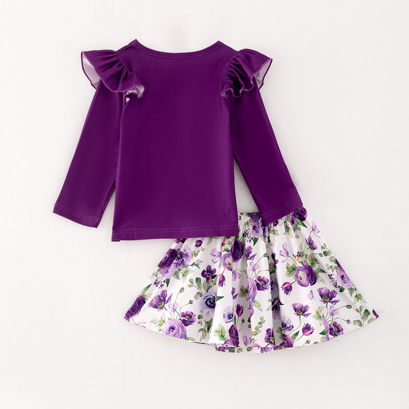 （In Stock L18-4-3）Girls Purple Top Floral Print Skirt Set