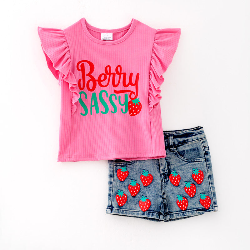 （In Stock）Girls Spring and Summer Berry Sassy Print Denim Set