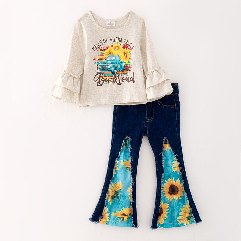 （In Stock L32-4-3）Girls Sunflower Print Denim Set